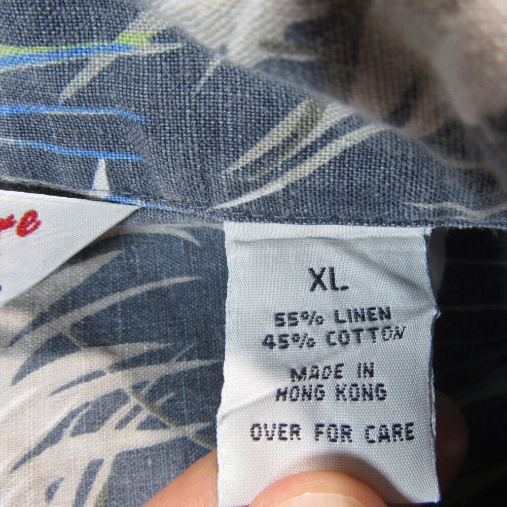 Vintage Structure Mens Shirt XL Blue Floral Linen Cotton Loop Collar Camp Resort - Picture 5 of 9